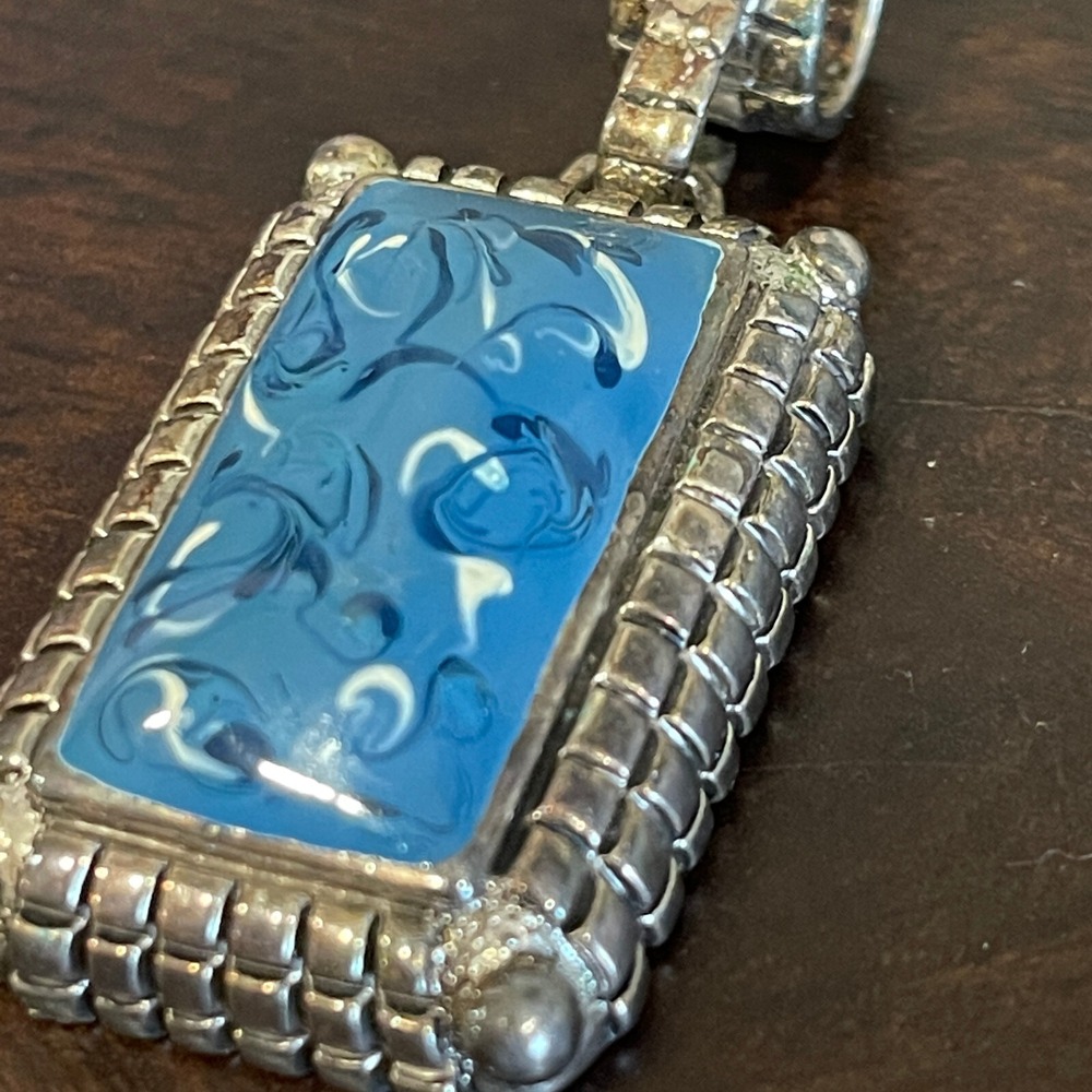 Silver Blue Swirl Necklace‎ Large Pendant Vintage Jewelry